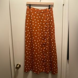 A New Day a-line rust orange & white polka dot print skirt, button front, size S
